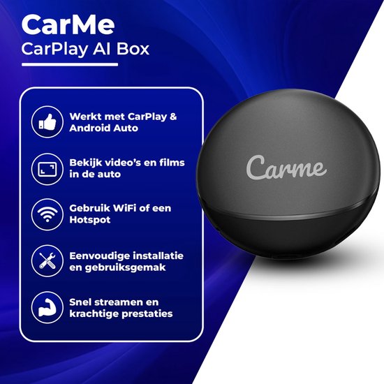 CarMe CarPlay AI Box - Installez n'importe quelle application sur l'écran de votre voiture - Youtube & Netflix - Mettez à jour CarPlay et Android Auto - Dongle CarPlay - Dongle Android Auto - Dernier modèle 2024 - Noir
