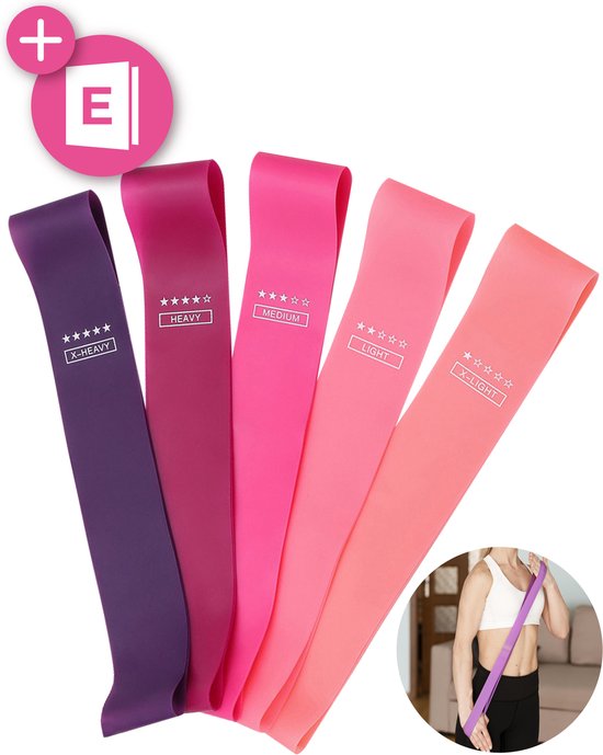 Nuvance - Resistance Bands Set Incl. Carrying Bag - 5 Piece Set - Resistance Band - Fitness Elastic - Incl. eBook - Pink