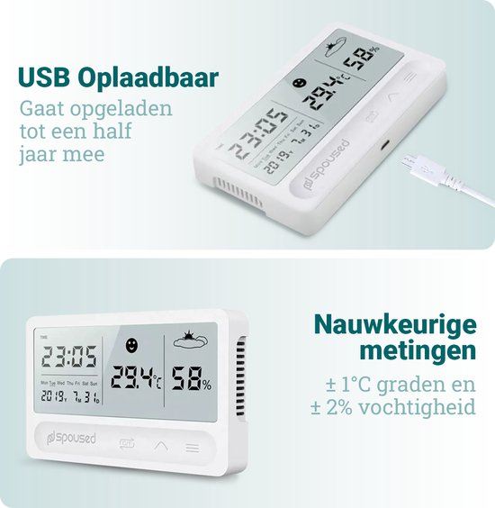Spoused Hygromètre numérique - Thermomètre d'intérieur - Humidimètre - Station météo - Blanc