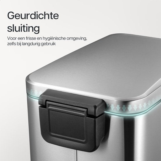 Deleca Trashcan Prestige - 50 Liter - Narrow - Stainless steel Dustbin / Waste Bin / Pedal Bin - With Foot Pedal and Slow Close - Matt Silver