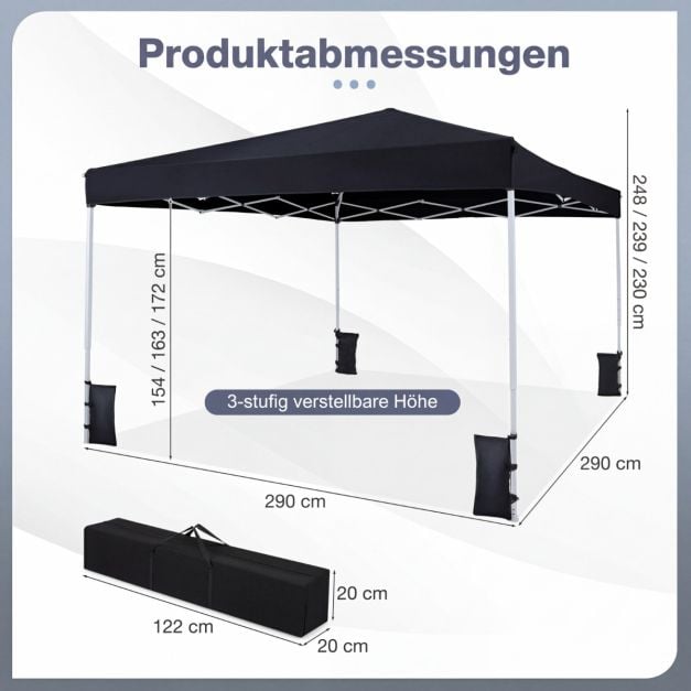 Tente de fête pop-up Coast 290 × 290 cm – Pavillon pliable avec 3 réglages de hauteur, sac de transport, cordes de tension et piquets – Noir
