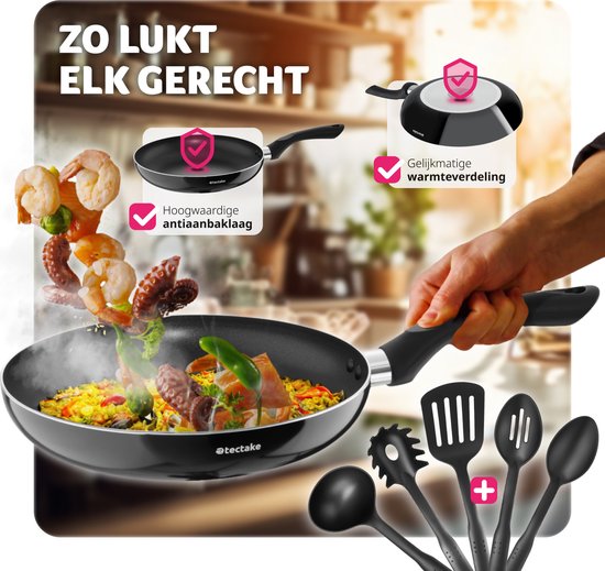 tectake® Ensemble de casseroles 15 pièces - Aluminium avec couvercles en verre - ustensiles inclus - Noir