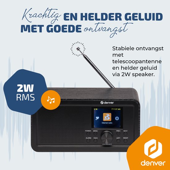 Denver DAB Internet radio - DAB - FM - Radio Internet - Radio d'urgence - Bluetooth - Fonction d'alarme - DIR200