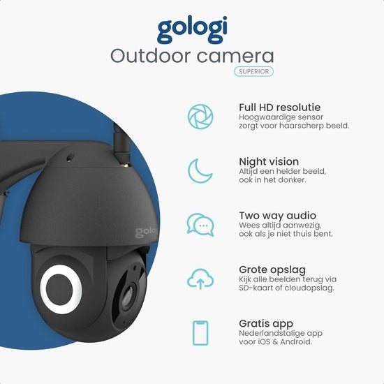 Gologi - Caméra extérieure supérieure avec vision nocturne - Caméra de sécurité - 3MP - Avec Wifi et App - Noir