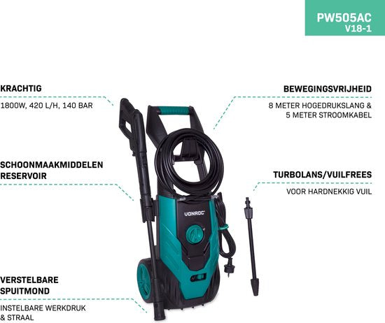 Nettoyeur haute pression - VONROC - V18-1 1800W – 140 bar – 420 l/h – Incl. 8m de tuyau, réservoir de détergent et plus