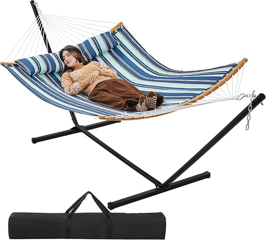 Hamac Yaheetech XXL avec support - Rayures bleues - Hamac réglable pour 2 personnes avec coussin et sac de transport