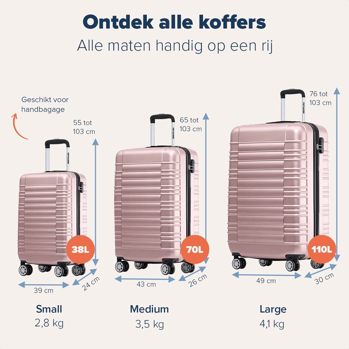 TRVLMORE Set de valises - 2 pièces - 38L (bagage à main) + 110L - Rose Gold