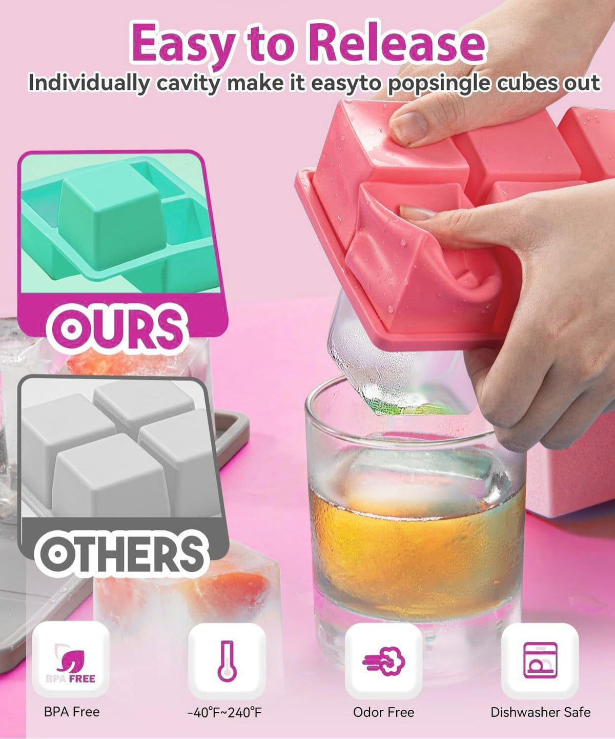 Lxndaser : lot de 2 bacs à glaçons grands formats avec couvercle - 16 glaçons carrés de 4,6 cm - Étanches et empilables - Rose foncé et rose clair