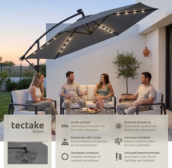 tectake® Parasol suspendu avec pied - 3,5 x 3,5 m - Parasol de jardin avec éclairage LED à énergie solaire - Orientable - Polyester hydrofuge avec protection UV - Housse incluse - Gris