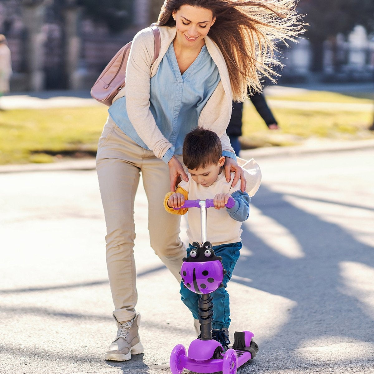 Scooter pour enfants avec barre de poussée - LifeGoods MultiRider - 3 à 8 ans - garçons/filles - 3 roues lumineuses - violet