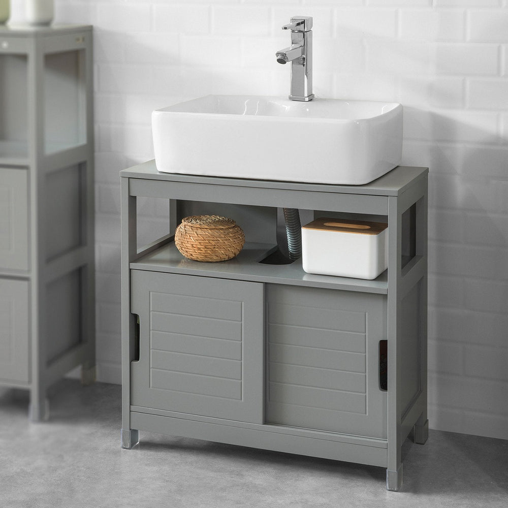 SoBuy FRG128-SG Meuble lavabo - 2 portes coulissantes 1 étagère - Gris - 60x61x30 cm