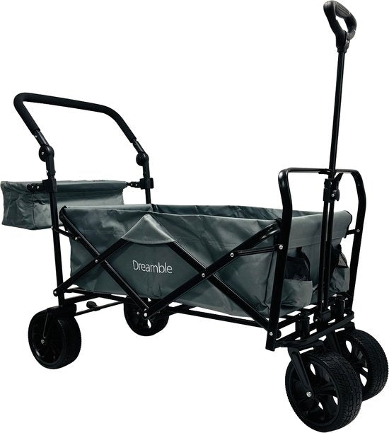 Dreamble® | Wagon | Gris | Jusqu'à 140KG | 120L | Fonctions de traction et de poussée | Tapis de sol souple et épais de 4cm - pour les enfants | Roues extra larges Ø20cm | Espace de rangement supplémentaire | 130x110(LxH) | 2 poches à l'extérieur, 1 poche
