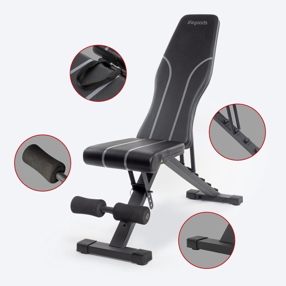 LifeGoods Fitness Halter Bench - Banc d'exercice - Banc de musculation - Banc d'exercice - Réglable - Pliable - Noir/Gris