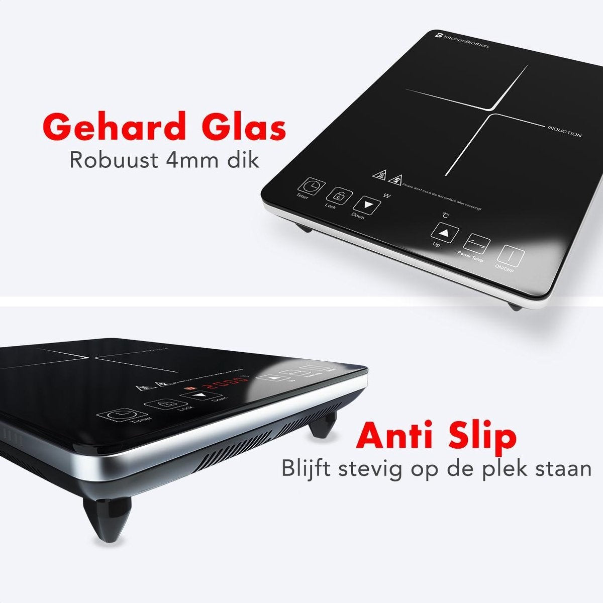 Table de cuisson - KitchenBrothers - Induction - 1 brûleur - pose libre - 2000W - Noir