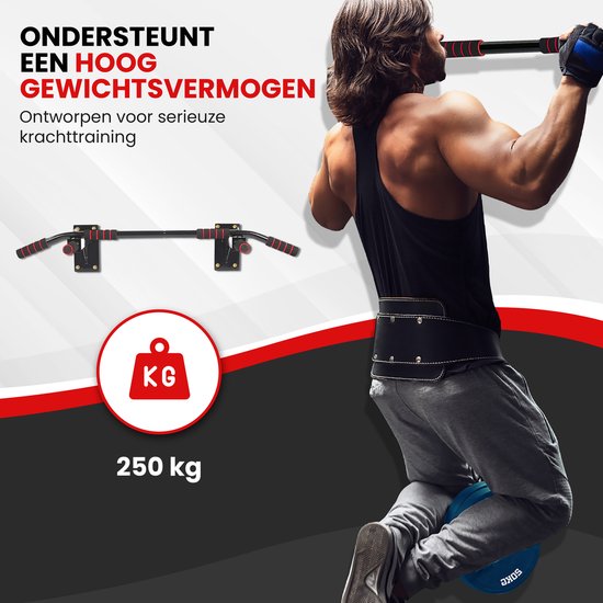 TTD® Premium Pull Up Bar - Pull Up Station - Wall Mount Pull Up Bar - Dip Station - Dip Bars - Home Sports - Home Fitness - Premium materials - Extra sturdy mounting parts - Home workout - Black/Red