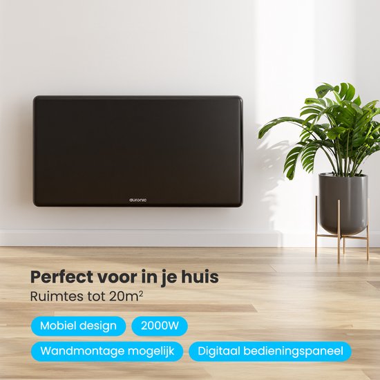 Auronic Convector Heater - 2000W - Chauffage électrique - 3 niveaux - Panneau métallique - Freestanding - Roues - Noir
