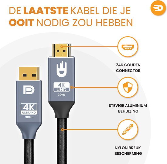 Drivv. Câble Premium Displayport vers HDMI - 4K 30hz - Nylon - 2 mètres - Gris