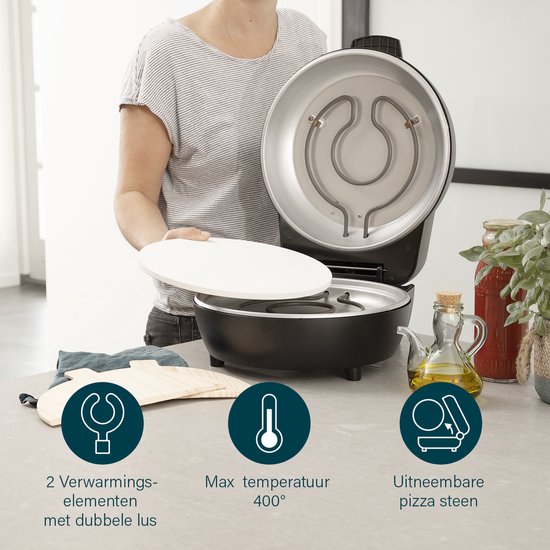 Four à pizza Princess 115005 - Appareil à pizza et four - Thermostat et minuterie réglables - 1 200 W - Pierre à pizza en céramique - 410 degrés - diamètre 30 cm - Noir