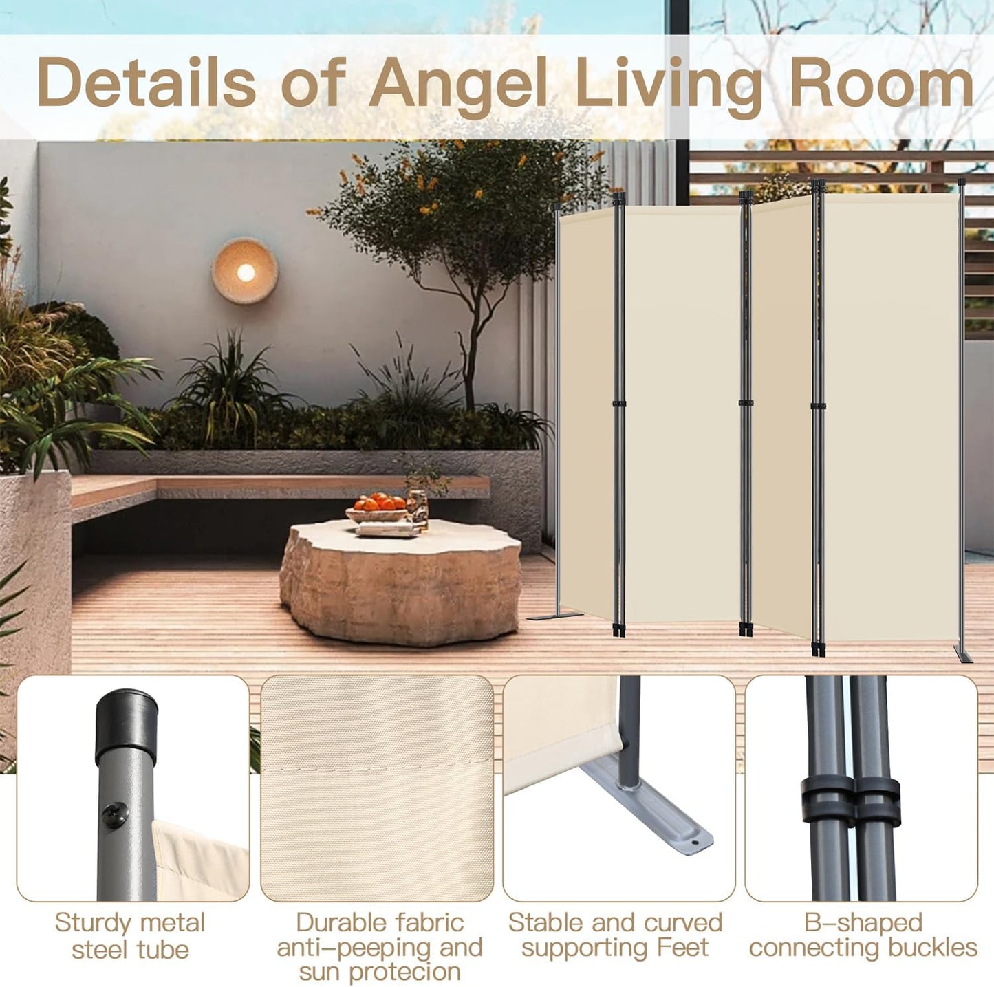 Angel Living Paravent de chambre - 4 pièces - 224x165 cm - Pliable - Acier et polyester - Séparation de pièces et intimité - Beige