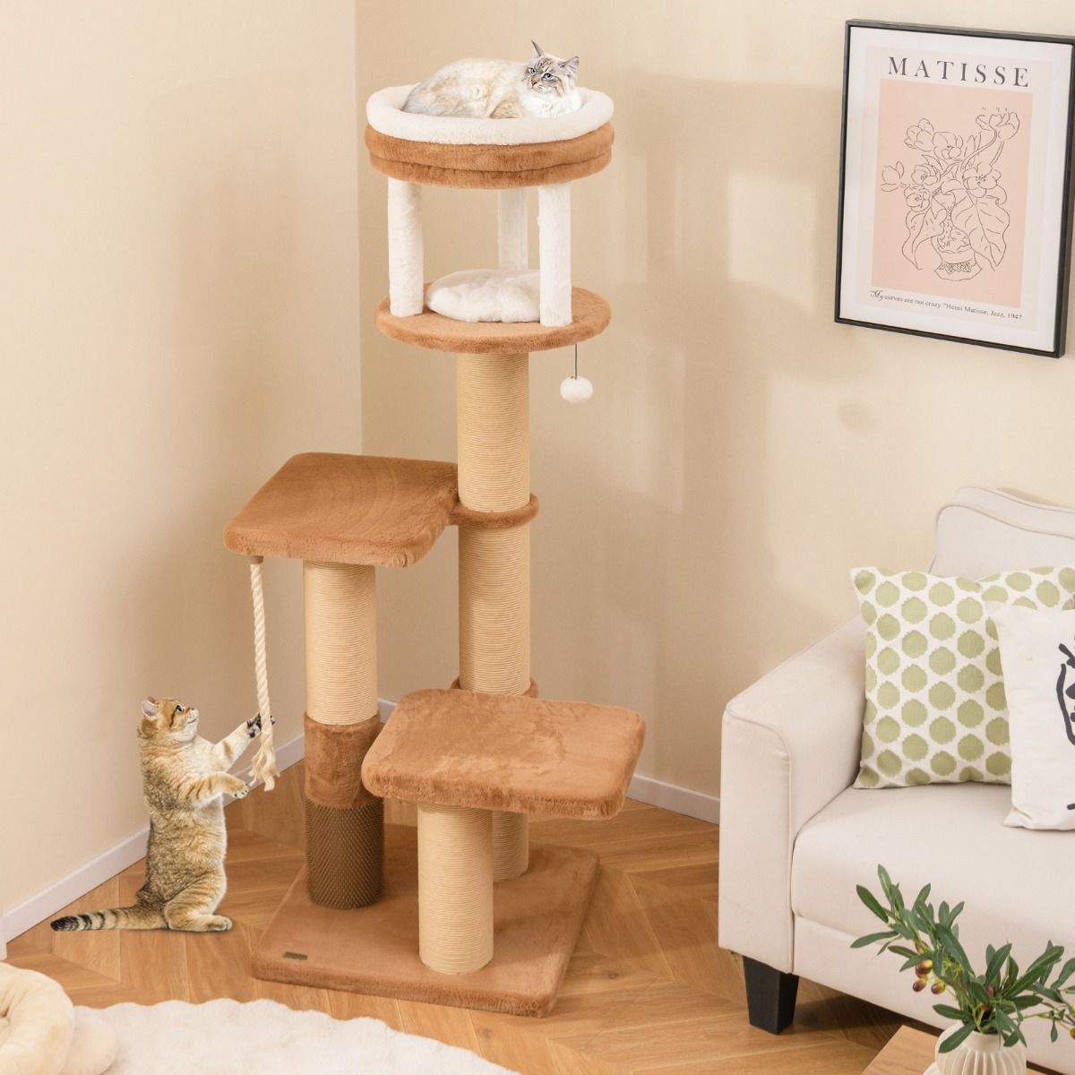 Arbre à chat Coast - poteau à griffer avec perchoirs rembourrés - panier amovible - caramel et blanc - 164 cm