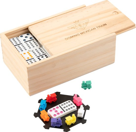 Domino Double 12 Mexican Train – 91 tuiles aux yeux colorés – Coffret en bois avec couvercle coulissant – Gare et trains inclus – Jeu de stratégie familial – Engelhart