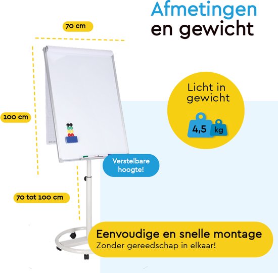 BRASQ Flipchart Mobile Deluxe - 70x100 cm - Tableau blanc ajustable - 25 feuilles de papier et accessoires inclus - avec bras extensibles - Tableau magnétique avec crochets - Tableau magnétique - Blanc