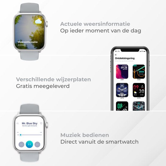 Nuvance - Smartwatch Hommes et Femmes avec Bluetooth - 45mm - Convient à tous les Smartphones - Podomètre et moniteur de fréquence cardiaque - Étanche - Gris