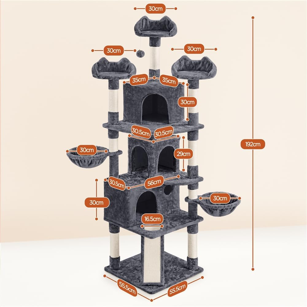 Arbre à chat Yaheetech - 3 maisonnettes pour chats - 194 cm de haut - gris foncé
