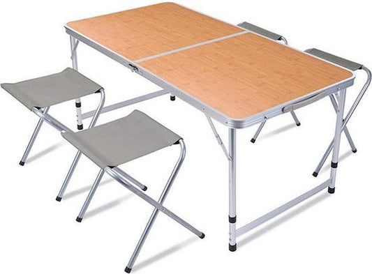 Table de camping - Redcliffs - avec 4 chaises - Relax Living - 120 x 60 x 40cm - Gris/Bois