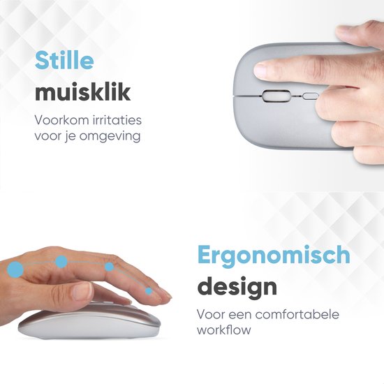 Souris sans fil Trendfield - Souris d'ordinateur rechargeable - Bluetooth - Souris ergonomique avec clic silencieux - Convient à tous les ordinateurs portables - Argent