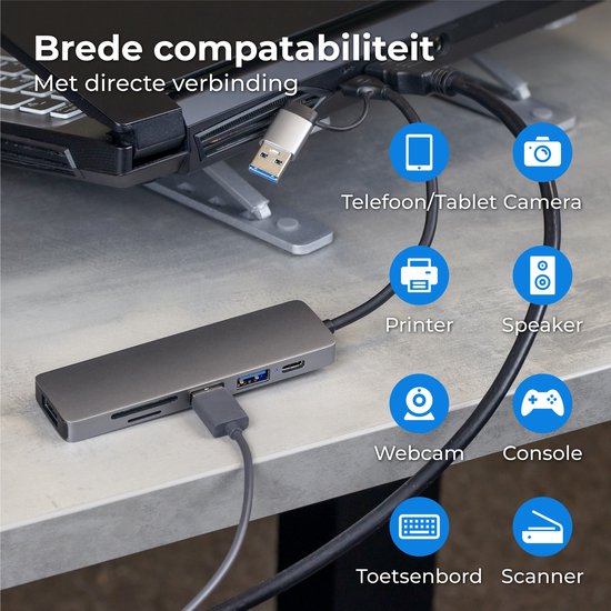 Nuvance - Hub USB C 3.0 - 5 Ports - Répartiteur USB - Station d'accueil USB C - Lecteur de carte micro SD USB C - Gris