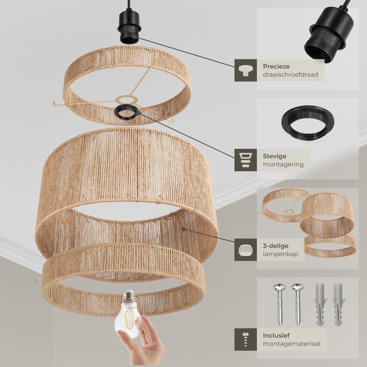 tectake® Plafonnier Lignea Lux - Lampe pendante Boho - Jute Nature - Ø46 x 32 cm - 40W