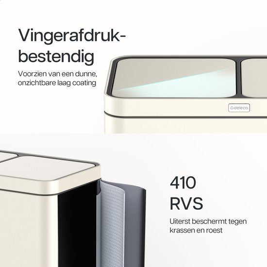 Deleca Recycle Bin with 2 Compartments - 60 Litres (2x30) Waste Bin - Waste Separation / Deposit Container / Pedal Bin - Garbage Bin with FreshAura Odour Control - Slow Close - Stainless Steel Cream White