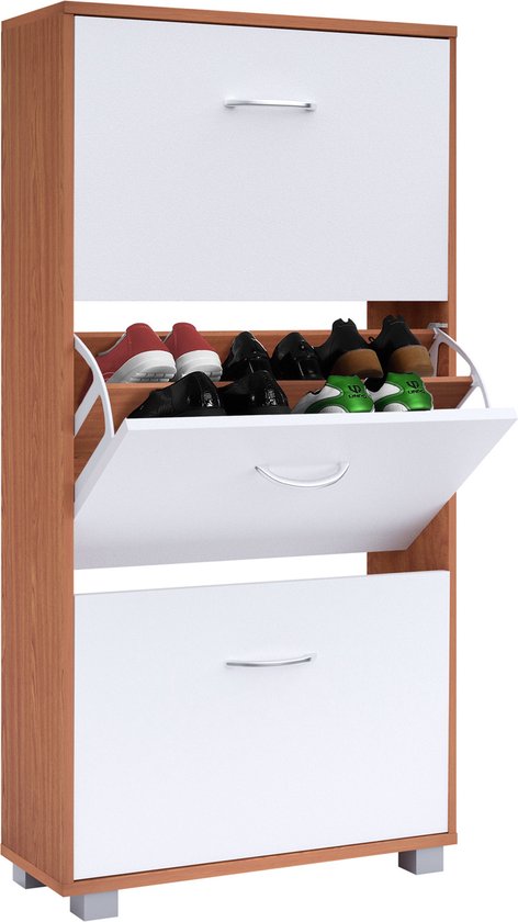 Armoire à chaussures - 3 volets - 115x60x24cm - 18 paires Hêtre/Blanc