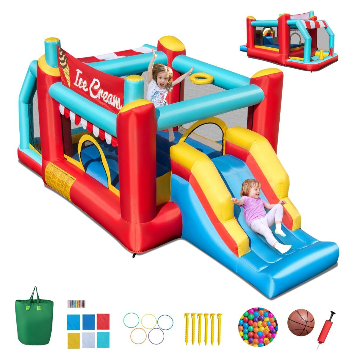 Structure gonflable Coast 5-en-1 - Toboggan - Piscine à balles - Panier de basket - Multicolore 485,5 x 239 x 206 cm