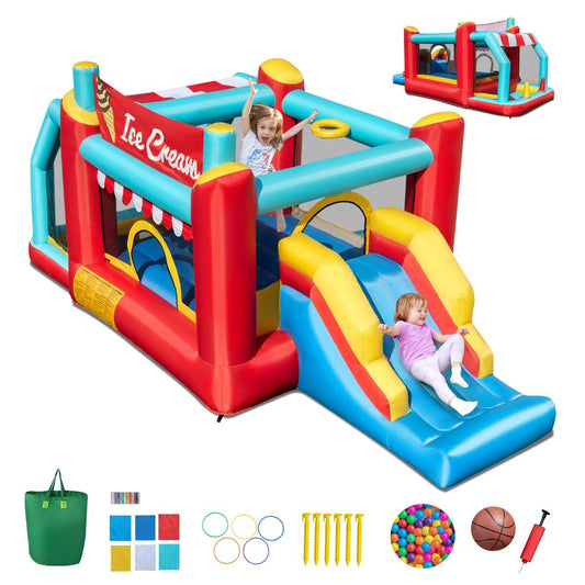 Structure gonflable Coast 5-en-1 - Toboggan - Piscine à balles - Panier de basket - Multicolore 485,5 x 239 x 206 cm