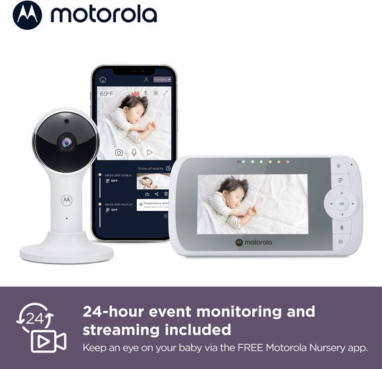 Motorola VM64 Baby Monitor avec caméra et application - Baby Monitor vidéo WiFi 4,3" avec application pour smartphone - Audio bidirectionnel, vision nocturne, température, berceuses, zoom numérique