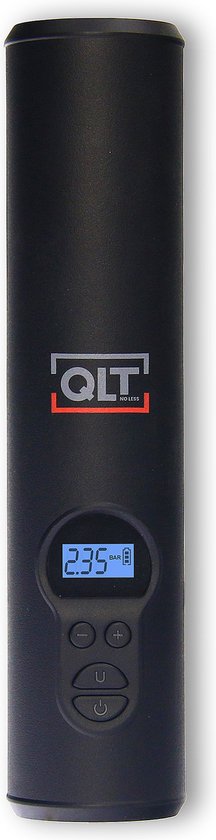 QLT Wireless Air Compressor with LED Lighting - Electric Pump - Includes USB Charging Cable and 4 Attachments - 10.3 Bar - LCD display - Black