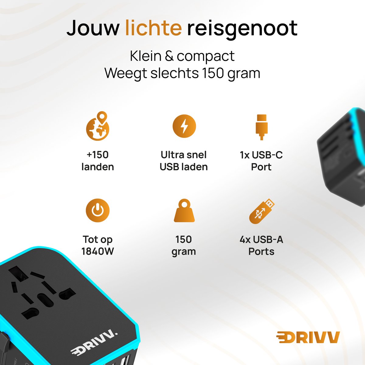 Drivv. Adaptateur universel - 4 ports USB et 1 port USB-C à chargement rapide - Adaptateur de voyage pour les États-Unis / l'Angleterre / le Royaume-Uni / le Canada / l'Afrique / le Japon / le Mexique / la Thaïlande / l'Amérique du Sud - Types A, B, C, E,