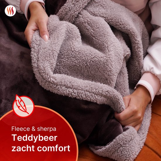 Seranova Couverture électrique XXL - 180x160 cm - Couverture 2 personnes - Couverture chauffante - Double face - Polaire Sherpa - Châtaigne