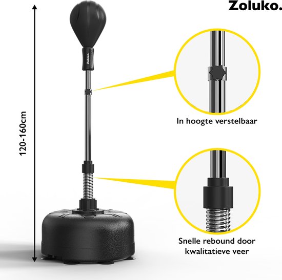 Zoluko Professional Boxing Ball on Foot - E-Book inclus - Hauteur réglable 120-160cm - Pour l'intérieur et l'extérieur - Entraînement de boxe - Ballon de boxe sur pied - Set de boxe - Ballon de boxe sur pied - Boxe - Sports d'intérieur - Perche de boxe -