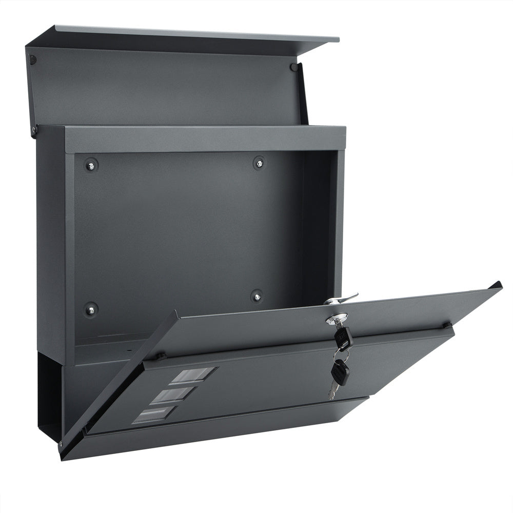 Boîte aux lettres design anthracite avec compartiment à journaux et fenêtres transparentes