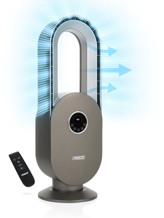 Ventilateur sans pales – 45 W – Oscillant – Minuterie 15 h – Écran LED – Télécommande – Silencieux et puissant – Princess 351500 – Blanc