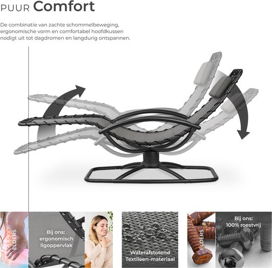 tectake® - Chaise longue Toulon - Fauteuil de jardin ergonomique avec fonction balançoire - Chaise longue réglable pour jardin, terrasse, balcon avec coussin pour la tête et accoudoirs confortables - Capacité de charge 120kg - Gris