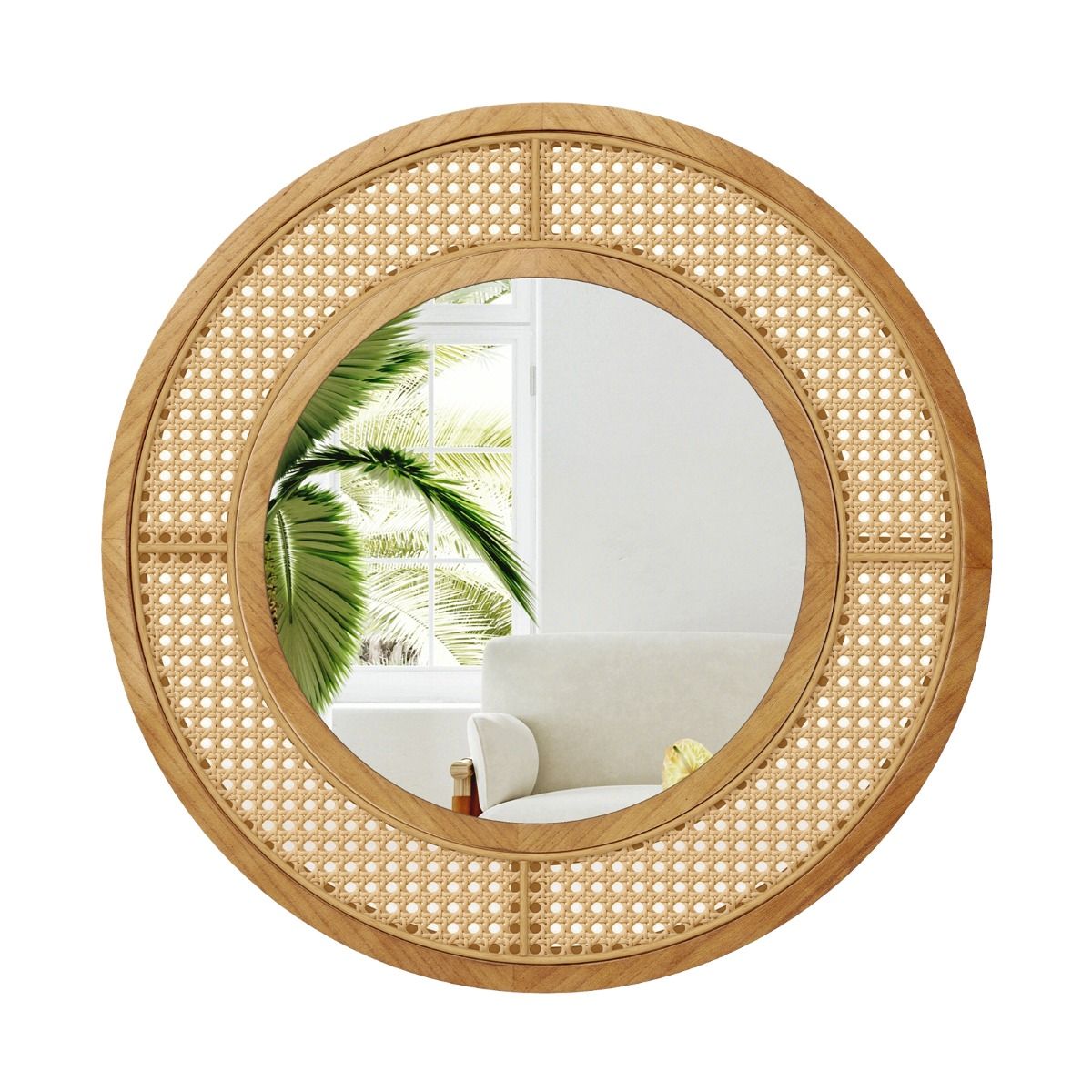 Miroir mural rond Coast - Décoration en rotin - Cadre en bois - 65 cm Naturel