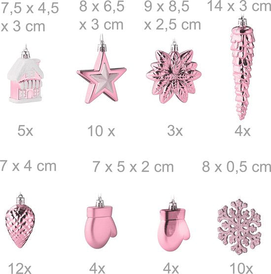 Lot de 100 boules de Noël - plastique - mat - brillant - pailleté - 10 motifs - rose