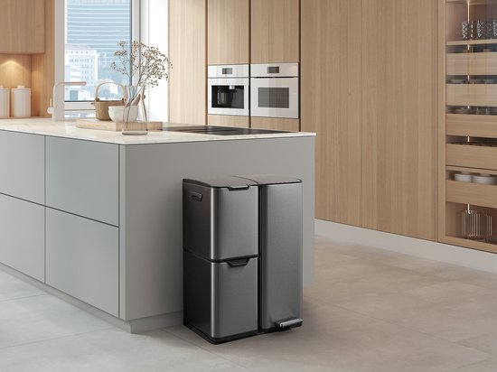 Umuzi Poubelle de nettoyage - 60L - Fermeture douce - Gris métallique - Séparation des déchets 3 bacs - 47 x 39 x 72