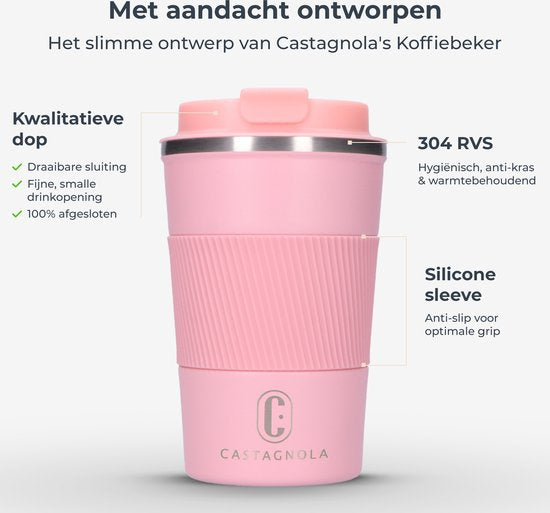 Castagnola Thermos Cup - Coffee Mug To Go - Travel Mug for Coffee and Tea - Tea Mug - 380 ML - stainless steel - Pink