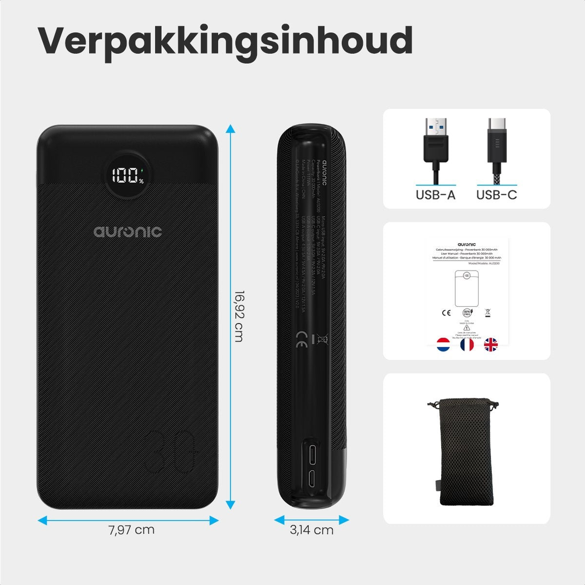 Batterie externe - Auronic - 30 000 mAh - 4 ports de charge - Charge rapide - USB/Micro-USB/USB-C - Noir