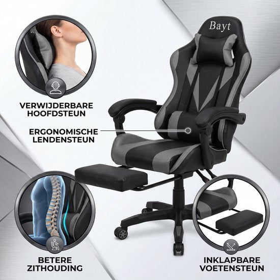 Fauteuil de gaming Bayt - Fauteuil de gaming - Fauteuil de bureau ergonomique - Réglable - Noir et gris